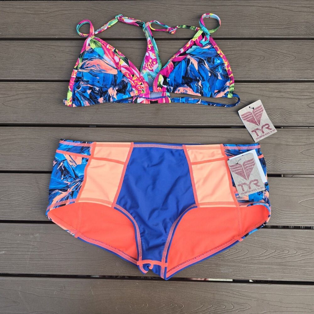 TYR Women's Blue/multi Flor Forest Kai Top & Florina Jada Boyshorts Sz XL New